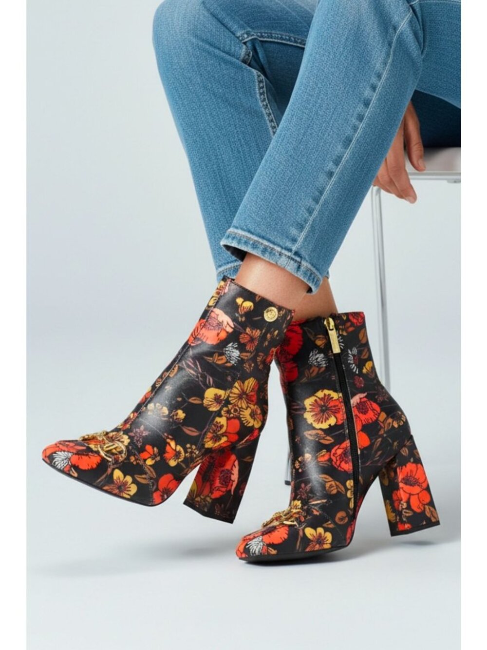 Floral Block Heel Ankle Boots With Gold Buckle Detailing